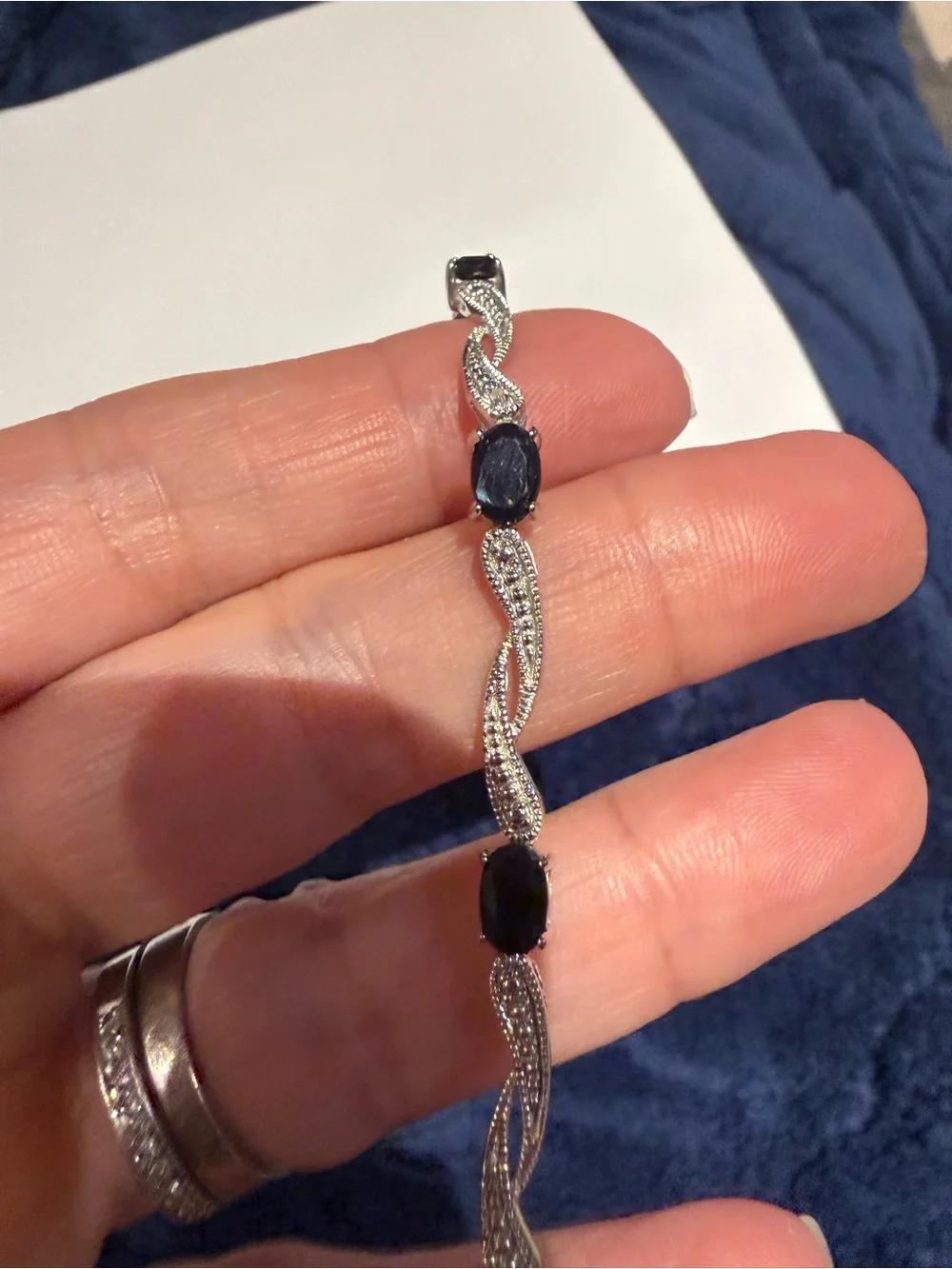 Sterling Silver Blue Sapphire and Cubic Zirconia Wave Bracelet